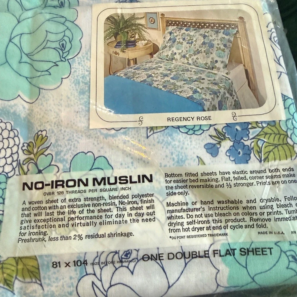 Lady Pepperell Regency Rose Vintage Double Flat Sheet Blue Floral No-Iron Muslin